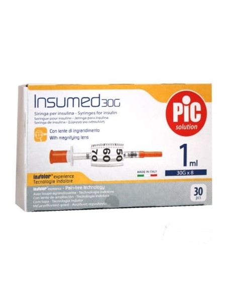 SIRINGA PER INSULINA PIC INSUMED 1 ML 100 UI AGO GAUGE 30 LUNGHEZZA 8 MM SENZA SPAZIO MORTO 3 SACCHETTI DA 10 PEZZI