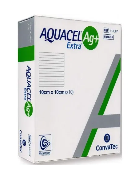 MEDICAZIONE IN HYDROFIBER E IONI ARGENTO INTESSUTA IN LYOCELL AQUACEL AG + EXTRA 10X10CM 10 PEZZI