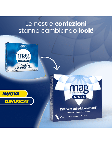 Mag Notte con Melatonina, Magnesio, Griffonia per Dormire Bene, Favorire il Rilassamento e Qualità del Sonno, 24 bst