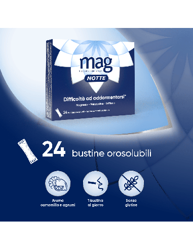 Mag Notte con Melatonina, Magnesio, Griffonia per Dormire Bene, Favorire il Rilassamento e Qualità del Sonno, 24 bst