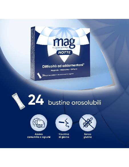 Mag Notte con Melatonina, Magnesio, Griffonia per Dormire Bene, Favorire il Rilassamento e Qualità del Sonno, 24 bst