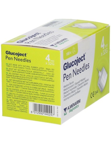 AGO PER PENNA DA INSULINA GLUCOJECT LUNGHEZZA 4 MM GAUGE 32 100 PEZZI