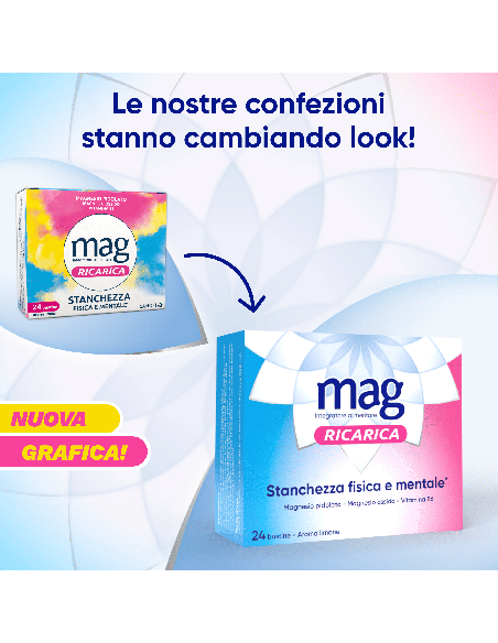 Mag Ricarica con Magnesio Pidolato, Magnesio Ossido, Vitamina B6 contro Stanchezza Mentale e Fisica, 24 bst