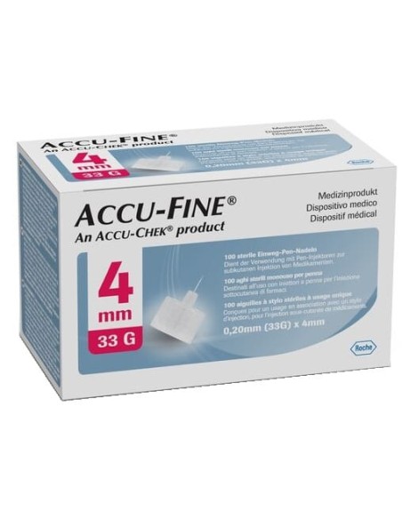 AGO IPODERMICO PER PENNA DA INSULINA ACCU-FINE IN ACCIAIO INOX 33 GAUGE 4 MM 100 PEZZI