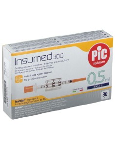 SIRINGA PER INSULINA PIC INSUMED 0,5 ML 100 UI AGO GAUGE 30 LUNGHEZZA 8 MM SENZA SPAZIO MORTO 3 SACCHETTI DA 10 PEZZI