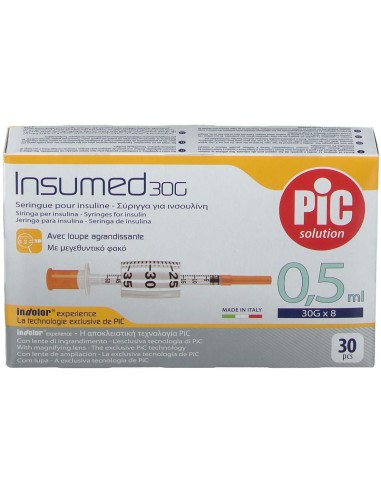SIRINGA PER INSULINA PIC INSUMED 0,5 ML 100 UI AGO GAUGE 30 LUNGHEZZA 8 MM SENZA SPAZIO MORTO 3 SACCHETTI DA 10 PEZZI