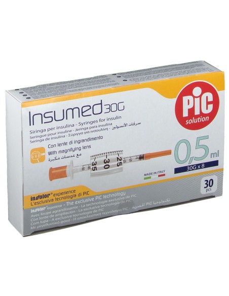 SIRINGA PER INSULINA PIC INSUMED 0,5 ML 100 UI AGO GAUGE 30 LUNGHEZZA 8 MM SENZA SPAZIO MORTO 3 SACCHETTI DA 10 PEZZI