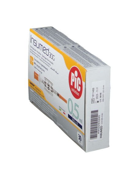 SIRINGA PER INSULINA PIC INSUMED 0,5 ML 100 UI AGO GAUGE 30 LUNGHEZZA 8 MM SENZA SPAZIO MORTO 3 SACCHETTI DA 10 PEZZI
