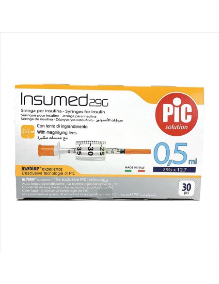 SIRINGA PER INSULINA PIC INSUMED 0,5 ML 100 UI AGO GAUGE 29 LUNGHEZZA 12,7 MM SENZA SPAZIO MORTO 3 SACCHETTI DA 30 PEZZI