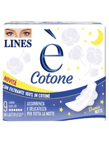 LINES E' COTONE ALI ASSORBENTE ESTERNO NOTTE 9 PEZZI