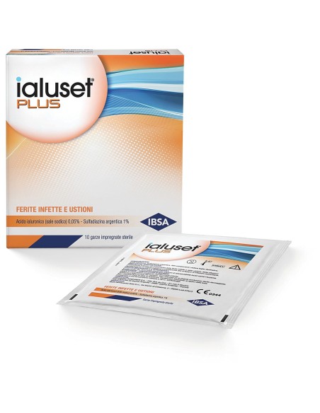 GARZA IALUSET PLUS IMPREGNATA DI CREMA DI ACIDO IALURONICO 0,05%, DI SULFADIAZINA ARGENTICA 1%, MACROGOL, GLICEROLO E ACQUA 10 X
