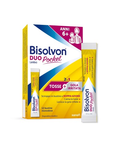 Bisolvon Duo Pocket Sciroppo per Tosse Secca, Tosse Grassa, Gola irritata, Adulti e Bambini 6+