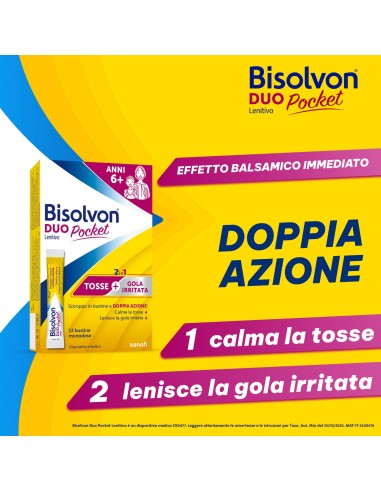 Bisolvon Duo Pocket Sciroppo per Tosse Secca, Tosse Grassa, Gola irritata, Adulti e Bambini 6+