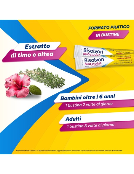 Bisolvon Duo Pocket Sciroppo per Tosse Secca, Tosse Grassa, Gola irritata, Adulti e Bambini 6+
