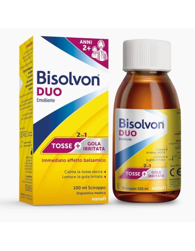 Bisolvon Duo Emolliente Sciroppo Contro Tosse e Gola Irritata, Adulti e Bambini 2+ (100 ml)