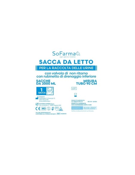 SACCA URINA 2 LITRI NON STERILE CON VALVOLA DI NON RITORNO RUBINETTO DRENAGGIO INFERIORE A T TUBO 90 CM 1 PEZZO SOFARMAPIU'