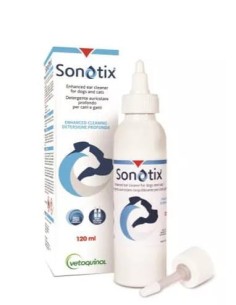 SONOTIX DETERGENTE AURICOLARE PROFONDO CANI E GATTI 120 ML + CANNULA CORTA RIGIDA + CANNULA LUNGA FLESSIBILE