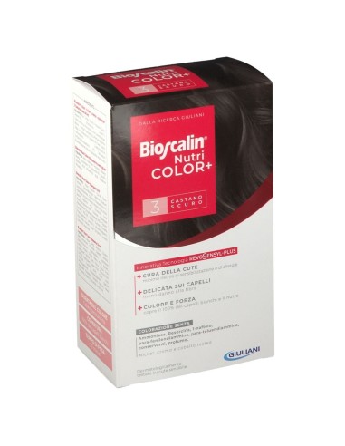 BIOSCALIN NUTRICOLOR PLUS 3 CASTANO SCURO CREMA COLORANTE 40 ML + RIVELATORE CREMA 60 ML + SHAMPOO 12 ML + TRATTAMENTO FINALE BA