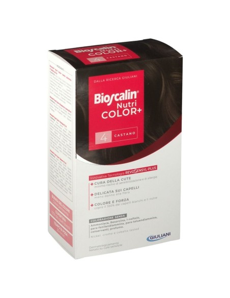 BIOSCALIN NUTRICOLOR PLUS 4 CASTANO CREMA COLORANTE 40 ML + RIVELATORE CREMA 60 ML + SHAMPOO 12 ML + TRATTAMENTO FINALE BALSAMO 