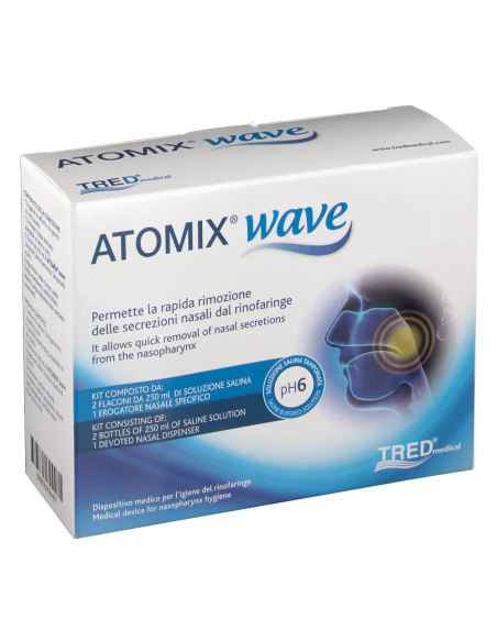 Atomix Wave Dispositivo Per Igiene Rinofaringea Atomix Soluzione Salina 250 Ml 2 Pezzi + Terminale Nasale + Erogatore A Soffiett