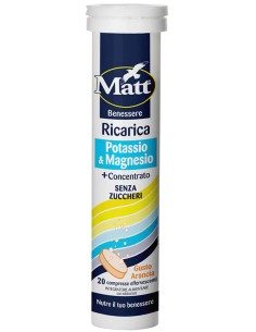 Matt Ricarica Potassio & Magnesio 20 Compresse Effervescenti Gusto Arancia Senza Zuccheri Con Edulcorante Senza Glutine