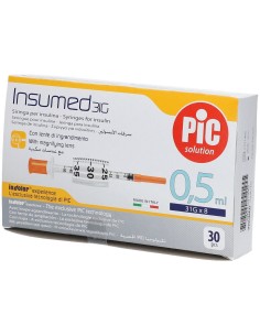 SIRINGA PER INSULINA PIC INSUMED 0,5 ML 100 UI AGO GAUGE 31 LUNGHEZZA 8 MM SENZA SPAZIO MORTO 3 SACCHETTI DA 10 PEZZI