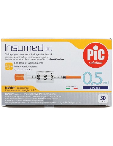 SIRINGA PER INSULINA PIC INSUMED 0,5 ML 100 UI AGO GAUGE 31 LUNGHEZZA 8 MM SENZA SPAZIO MORTO 3 SACCHETTI DA 10 PEZZI