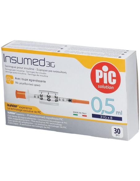SIRINGA PER INSULINA PIC INSUMED 0,5 ML 100 UI AGO GAUGE 31 LUNGHEZZA 8 MM SENZA SPAZIO MORTO 3 SACCHETTI DA 10 PEZZI