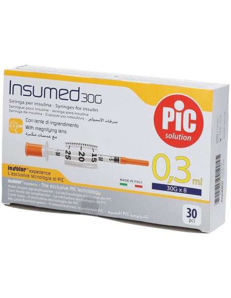 SIRINGA PER INSULINA PIC INSUMED 0,3 ML 100 UI SPAZIO ZERO AGO 30 GAUGE 8 MM 3 SACCHETTI DA 10 PEZZI