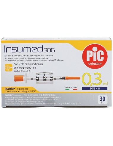 SIRINGA PER INSULINA PIC INSUMED 0,3 ML 100 UI SPAZIO ZERO AGO 30 GAUGE 8 MM 3 SACCHETTI DA 10 PEZZI