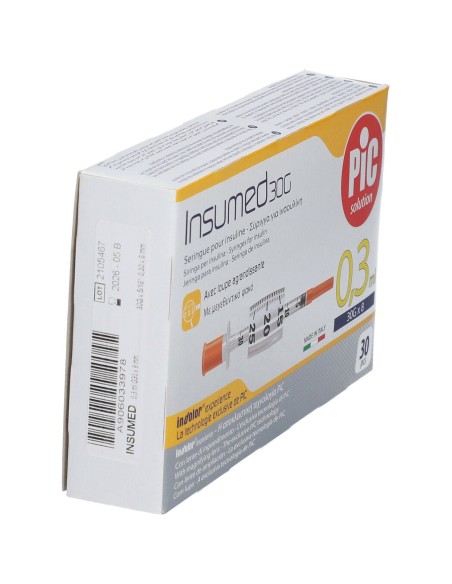 SIRINGA PER INSULINA PIC INSUMED 0,3 ML 100 UI SPAZIO ZERO AGO 30 GAUGE 8 MM 3 SACCHETTI DA 10 PEZZI