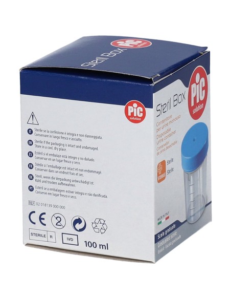 CONTENITORE PIC STERILE TRASPARENTE PER ANALISI DEI FLUIDI ORGANICI 100 ML TAPPO A VITE + ETICHETTA AUTOADESIVA