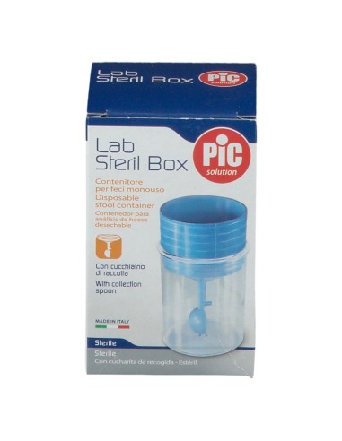 CONTENITORE PIC STERILE TRASPARENTE PER ANALISI COPROLOGICHE+ CUCCHIAINO SPECIMEN TAPPO A VITE ETICHETTA AUTOADESIVA