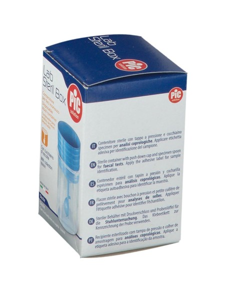 CONTENITORE PIC STERILE TRASPARENTE PER ANALISI COPROLOGICHE+ CUCCHIAINO SPECIMEN TAPPO A VITE ETICHETTA AUTOADESIVA
